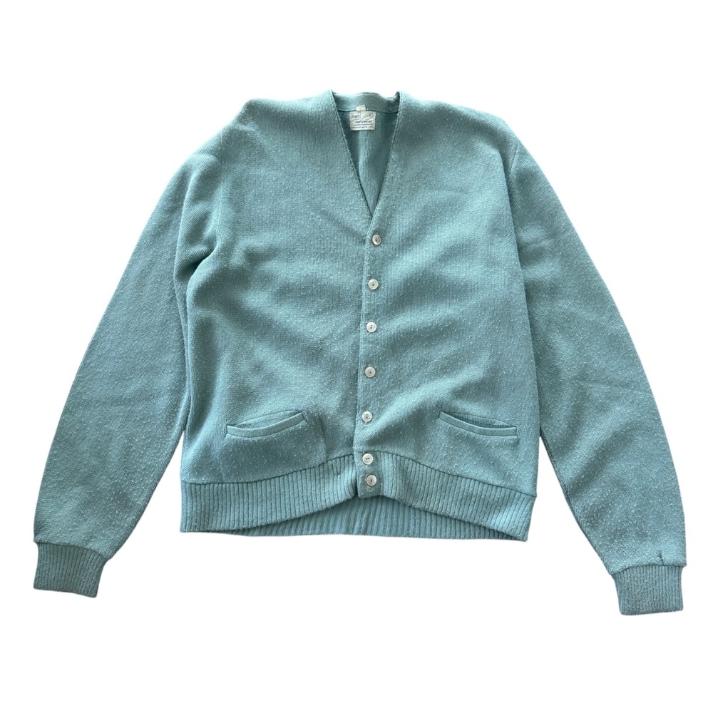 Sears Sportswear Cardigan Sweater Vintage 60s Orlon Knit Large Sage Green slouch
